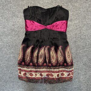 Bebe Strapless Paisley Print Dress Medium Black/Pink Satin With Bubble Hem